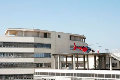 Helicopter on rooftop ready to take off Stock Photos