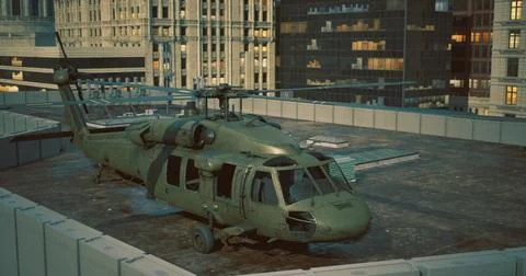 Helicopter on rooftop in urban setting during twilight hours Stock Illustration