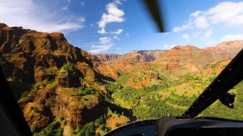 Helicopter shot of Hawaii jungle and ocean with helicopter blades in shot. Huge  Stock Footage