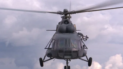 Helicopter takeoff over the camera. Stockbeeldmateriaal 97743062