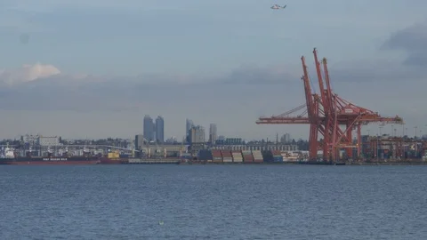 Helicopter taking off from seaport Stock Footage 120891851