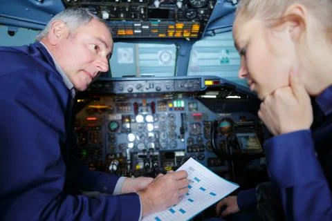 Helicopter technical apprentice and teacher in cockpit Stock Photos