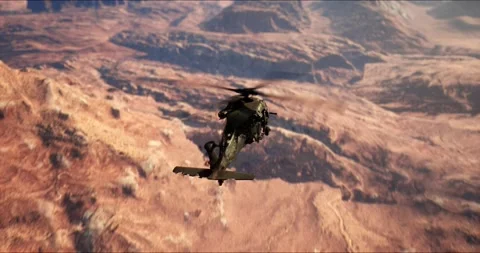 Helicopter UH-60 flying over the canyon Stock Footage 237968063
