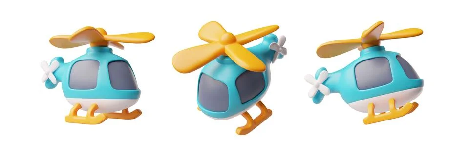 Helicopter view from different angles 3D cartoon plastic style vector icons set Stock Illustration