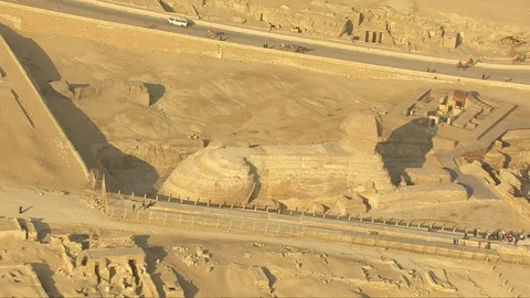 Helicopter view of the famous Great Sphinx of Giza in Egypt. Stock Footage 129729553