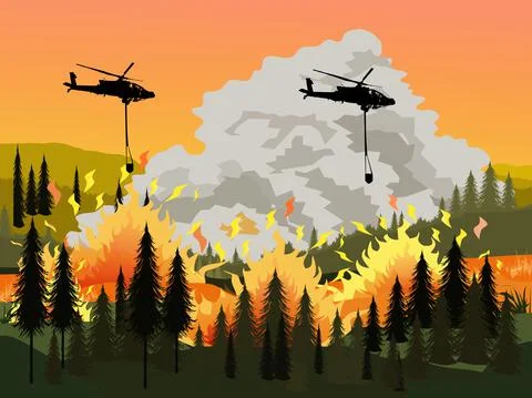 Helicopters are operating to extinguish a burning forest fire Stock Illustration