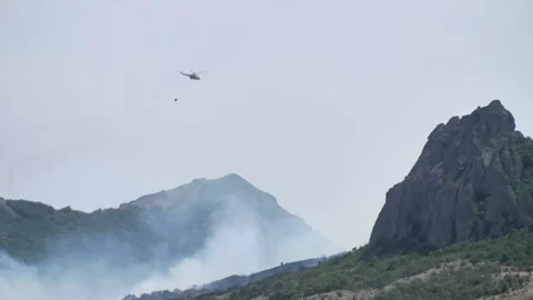 Helicopters drop tons of water on a forest fire in the mountains. Ecological Stock Footage 290175604