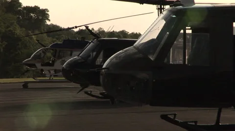Helicopters lined up at helipad Stock Footage 41115671