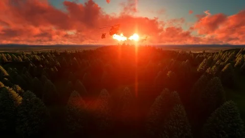 Helicopters over forest at sunset Stock Footage 87019291
