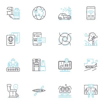 Heliport linear icons set. chopper, aviation, rotorcraft, takeoff, landing, sky Stock Illustration
