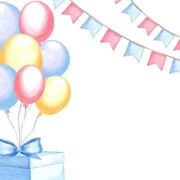Helium balloons with gift boxes, bow and flags garlands. Happy Birthday template Stock Illustration