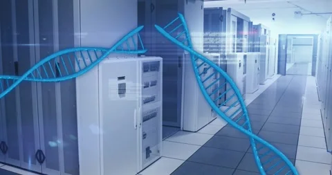 Helix animation sweeping leftward visualizing data flow, overlaying data center Stock Footage 334182670