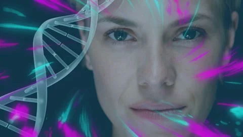 Helix appearing camera pulling back, model holding gaze, teal or magenta streaks Stock Footage 332822084