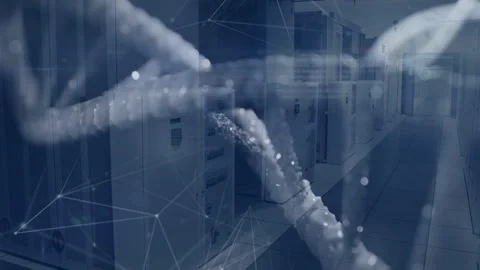 Helix appearing, rotating, tracing nets over racks in tech center, showing data Stock Footage 332936740