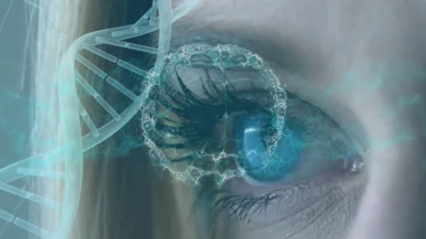 Helix appearing, sparking ring closing while woman opening right eye, showing Stock Footage 331109066
