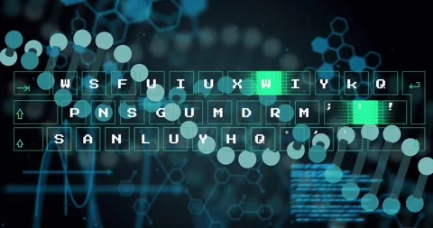 Helix dots entering left and sweeping keyboard, lighting keys and pulsing code Stock Footage 327842170
