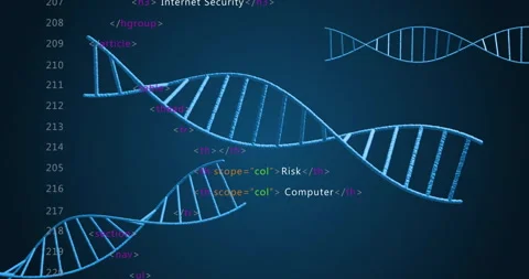 Helix floating in from left, HTML tags fading and morphing, showing cyber Stock Footage 312905224