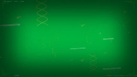 Helix glowing causing ring rotating, forming cholesterol, glucose, showing data Stock Footage 333630131