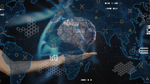Helix pulsing showing map icons while gloved hand lifting rotating brain Stock Footage 329033813