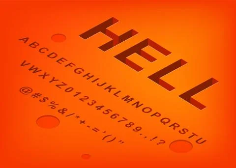 Hell alphabet isometric 3d font design, three-dimensional letters and numbers Illustrazione stock
