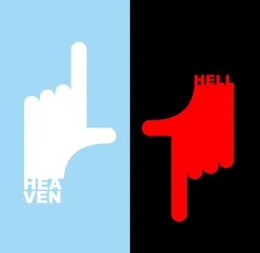 Hell and heavene. Direction signs.  Gesture hands up finger, thumb down. Vect 스톡 일러스트