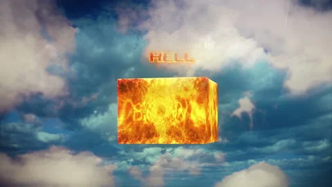Hell Burning Flames Cube Spinning In Cloudy Blue Sky Religious Concept Stock Footage 187645292