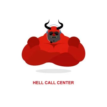 Hell call Center. Satan with headset. Devil responds to phone calls. Customer Stock Illustration