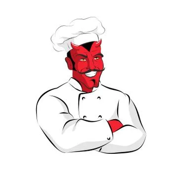 Hell of  Cook. Devils kitchen. Satan in chef Cook. Chef demon with horns. Red Illustrazione stock