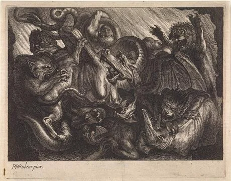 Hell. Devils and demons crossed over each other. In the middle a dragon an... Stockfoto's