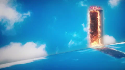 Hell Door Burning Flames Cloudy Sky Religious Concept Stock Footage 183477236