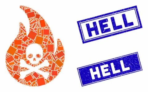 Hell Fire Mosaic and Grunge Rectangle Hell Stamp Seals Stock Illustration