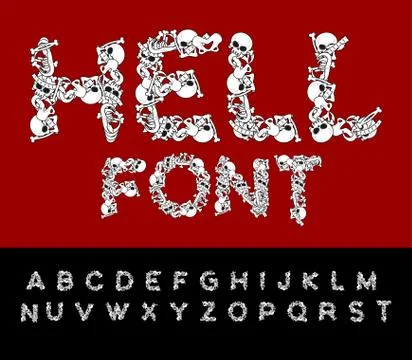 Hell font. Bones ABC. Skeleton Letters. Skull and spine. Jaw and pelvis. Sc.. Stock Illustration