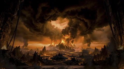Hell Gate with Erupting Volcanoes and Lava Rivers in Dark Fantasy Landscape Stock Footage 346560512