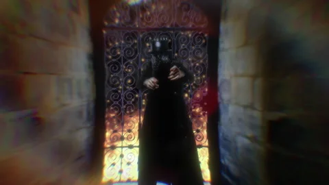Hell Gatekeeper Demonic Figure Burning Door Zoom In Stock Footage 280189540