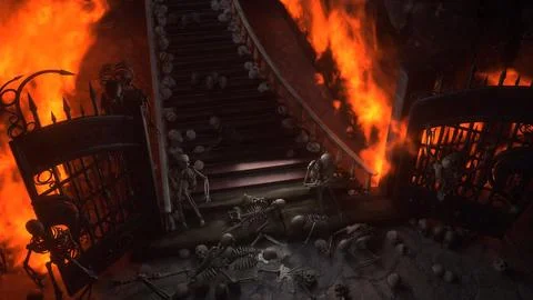 Hell gates. Road to hell fire. Devil portal. Sinner. Religious concept. 3d Stock Illustration