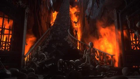 Hell gates. Road to hell fire. Devil portal. Sinner. Religious concept. 3d Stock Illustration