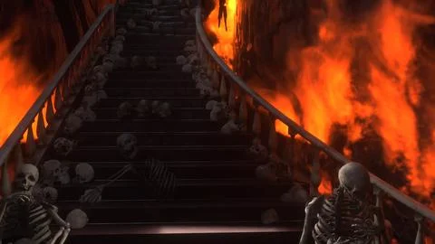 Hell gates. Road to hell fire. Devil portal. Sinner. Religious concept. 3d Stock Illustration