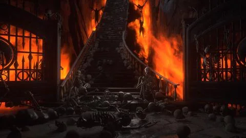 Hell gates. Road to hell fire. Devil portal. Sinner. Religious concept. 3d Stock Illustration