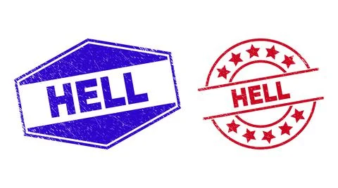 HELL Grunge Stamp Seals in Circle and Hexagon Shapes 스톡 일러스트