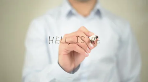 Hell is Real , Man writing on transparent screen Stock Footage 62866220