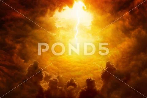 Hell realm, bright lightnings in apocalyptic sky, judgement day, end of world Stock Photos