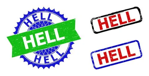 HELL Rosette and Rectangle Bicolor Badges with Grunge Surfaces 스톡 일러스트