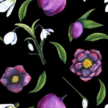 Hellebore black, snowdrop. Seamless pattern of watercolor elements on a dark Stock Illustration