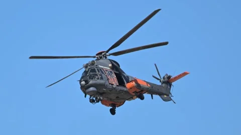 Hellenic Air Force AS332 Super Puma SAR helicopter at Athens Flying Week 2024 Stock Footage 288689032
