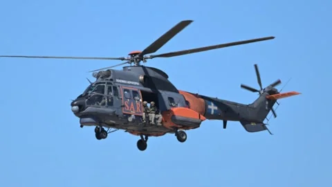 Hellenic Air Force AS332 Super Puma SAR helicopter at Athens Flying Week 2024 Stock Footage 288689079