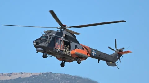 Hellenic Air Force AS332 Super Puma SAR helicopter at Athens Flying Week 2024 Stock Footage 288689146