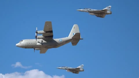 Hellenic Air Force C-130 and EMB-145H aircrafts at Athens Flying Week 2024 Stock Footage 285533291