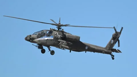 Hellenic Army AH-64 Apache helicopter at Athens Flying Week 2024 Stock Footage 290366163