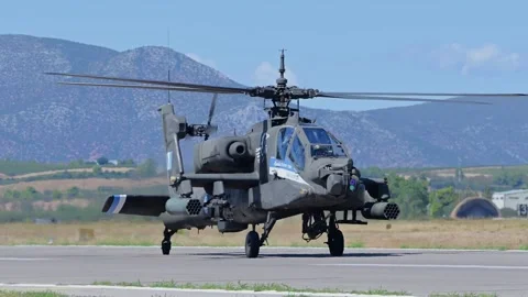 Hellenic Army AH-64 Apache helicopter at Athens Flying Week 2024 Stock Footage 297131397