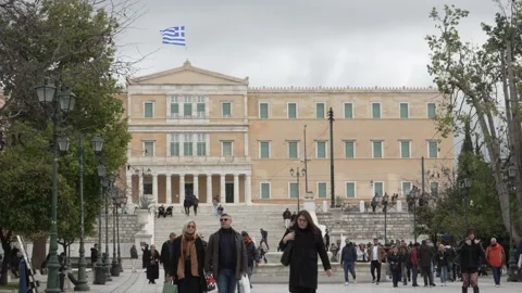 Hellenic Parliament Building - People Walking in Square. Stock Footage 327770792